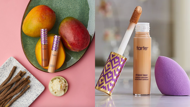 Tubes of concealer sitting on top of mangoes on plate and next to beauty blender.