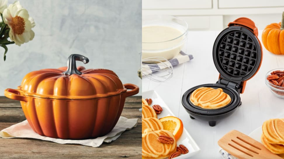 Left: Pumpkin-shaped Le Creuset pot on wooden surface. Right: Dash pumpkin waffle maker open, showing a cooked waffle