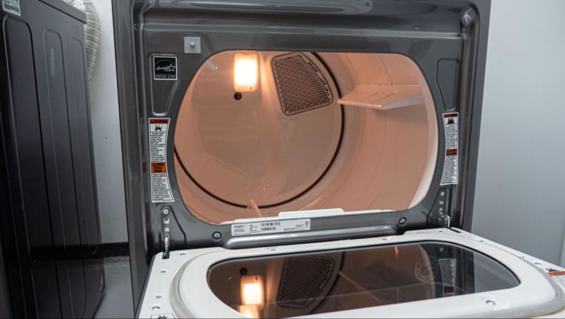 The interior of a Whirlpool dryer.