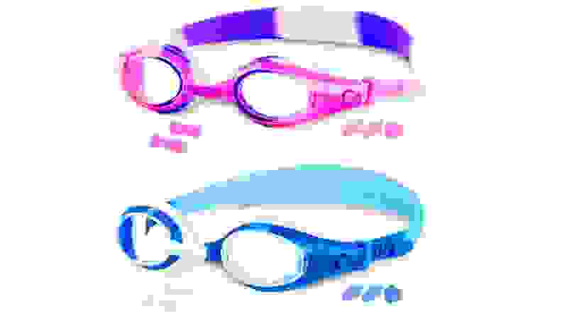 A pink and a blue pair of swim goggles with accessories