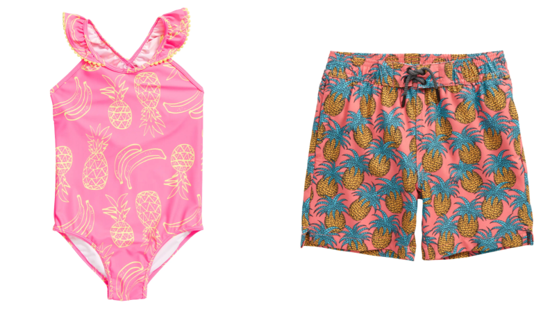 Pink one piece bathing suit with yellow pineapple print swim trunks with a pineapple print