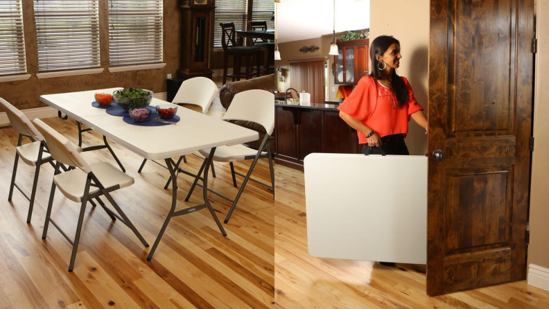 Folding table with chairs next to an image of a woman putting away the table