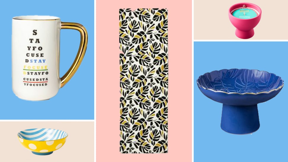 White and gold 'Stay Focused' mug, black white and gold vertical rug, cobalt blue bowl from Tabitha Brown for Target.