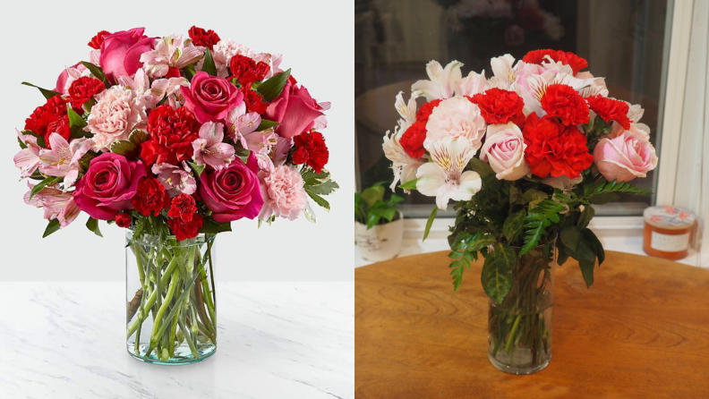 Bouquet in a vase on a white background next to a bouquet on a talbe