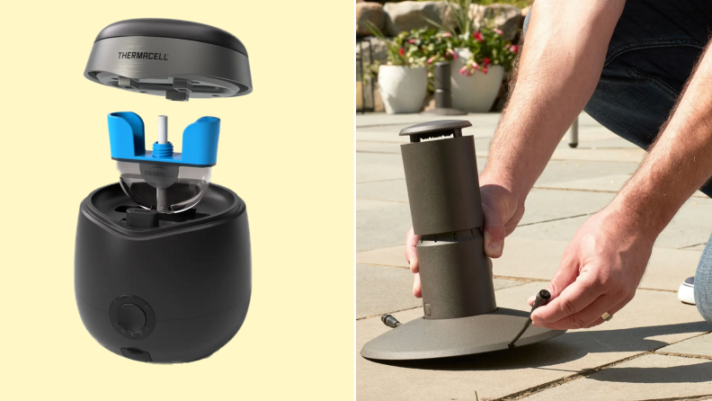 On left, product shot of the E90 Rechargeable Mosquito Repeller. On right, person placing the Thermacell LIV system on tiled ground outdoors.