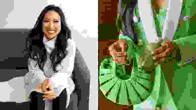 Left: headshot of CEO Julie Nguygen. Right: Hand putting a bottle of green juice into green purse