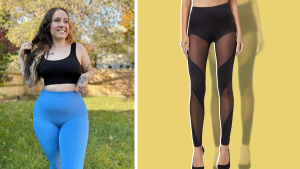 The author wearing blue leggings and a black sports bra, and a product shot of a pair of black leggings with sheer inserts.