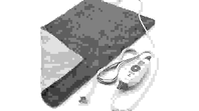 A gray extra-large folded over heating pad with control on a white background