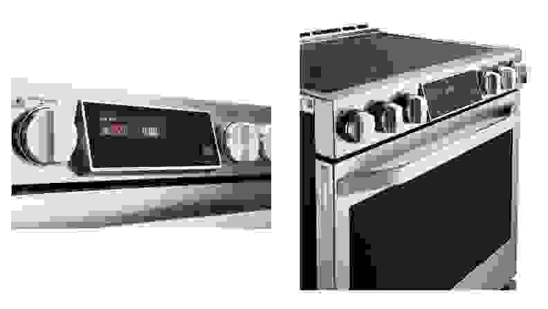 A side by side image of the control panel and knobs for an electric range.