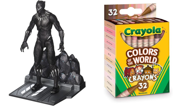 Black Panther action figure and a box of Crayola Crayons "colors of the world"