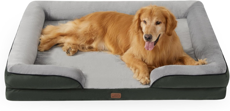 A Bedsure XXL Orthopedic Dog Bed with a golden retriever laying on it.