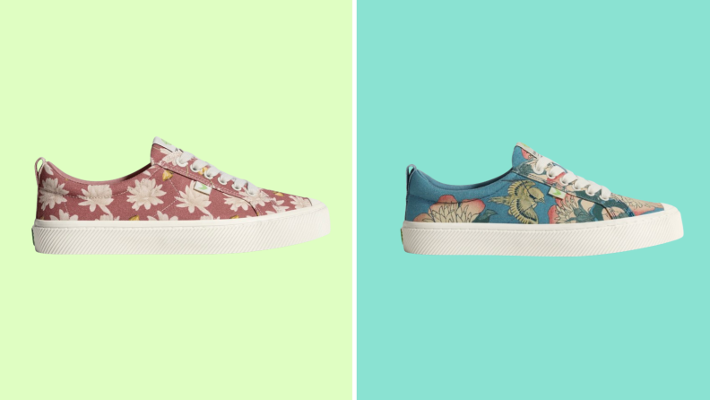 Cariuma sneakers, one with a floral design and the other featuring birds, against a green and teal background