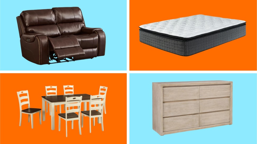 A collage of Ashley Furniture items in front of colored backgrounds.