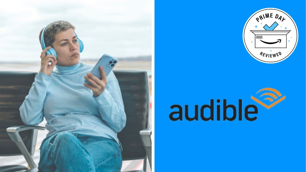 Someone listening to an audiobook next to the Audible logo with the Prime Day Reviewed badge in front of a colored background.