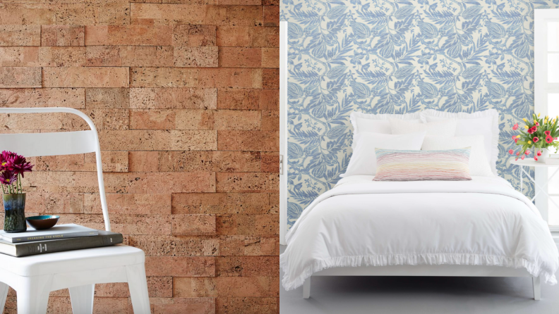 On left, cork wallpaper behind chair. On right, blue and white print wallpaper on wall in bedroom.