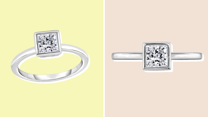 Collage of an engagement ring shown from two different angles at Jared.