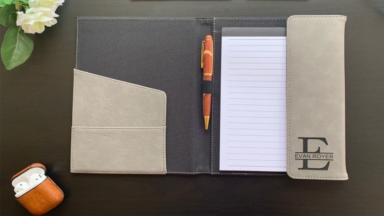 custom leather portfolio with notepad and names