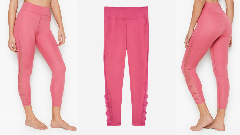 3 images of the pink lace up leggings
