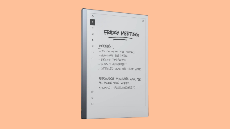 An e-ink tablet from reMarkable on a orange background.