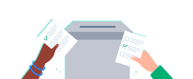 Graphic of two different hands submitting ballots to a ballot box.