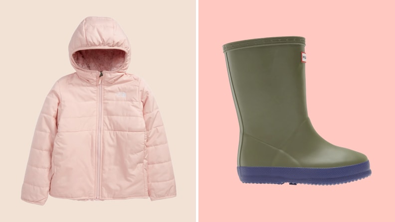 A pink children's jacket on the left against a grey background. A children's olive boot on the right against a pink background.