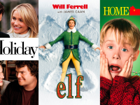 An image of three movie posters, one for "The Holiday," one for "Elf," and one for "Home Alone."