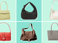 Collage of six purses from Tory Burch, Urban Expressions, Kate Spade, Michael Kors, Free People, and Dagne Dover in different colors