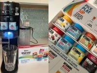 Left: Ninja Thirsti using two flavor pods to produce water in a glass. Right: Box of Ninja Thirsti flavor drop pods.