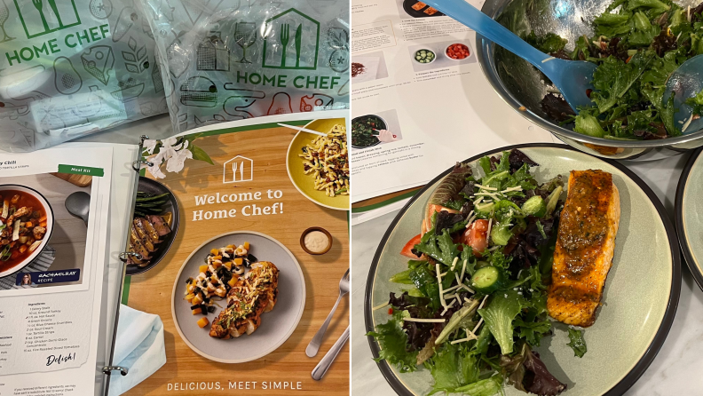 Left: Photo of Home Chef recipe cards. Right: Completed home chef meal of salmon fillet with fresh salad.