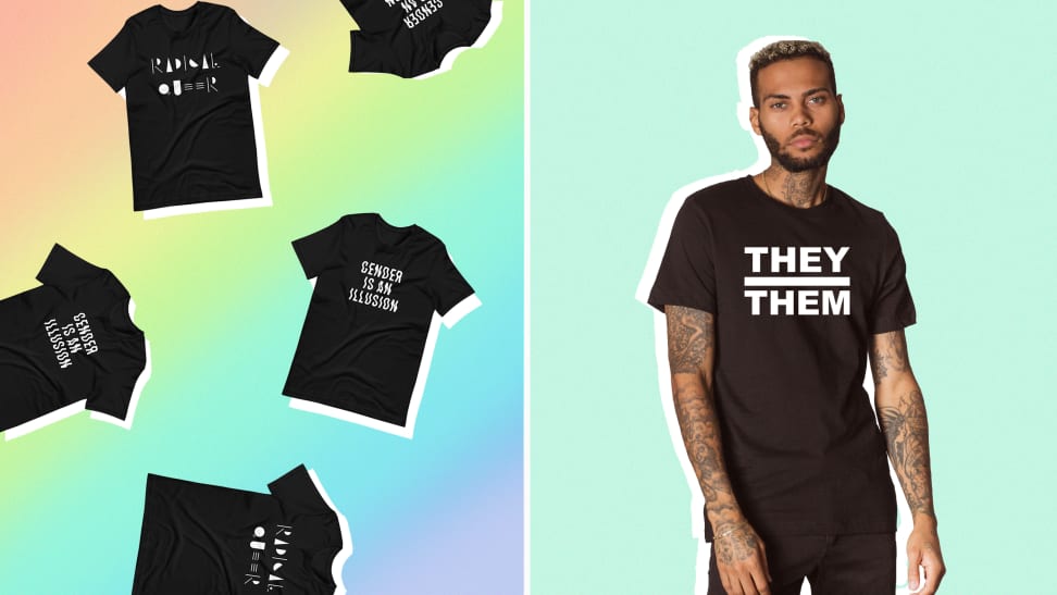 A split image of black T-shirts on a rainbow background and a person wearing a T-shirt that says "They Them" on it