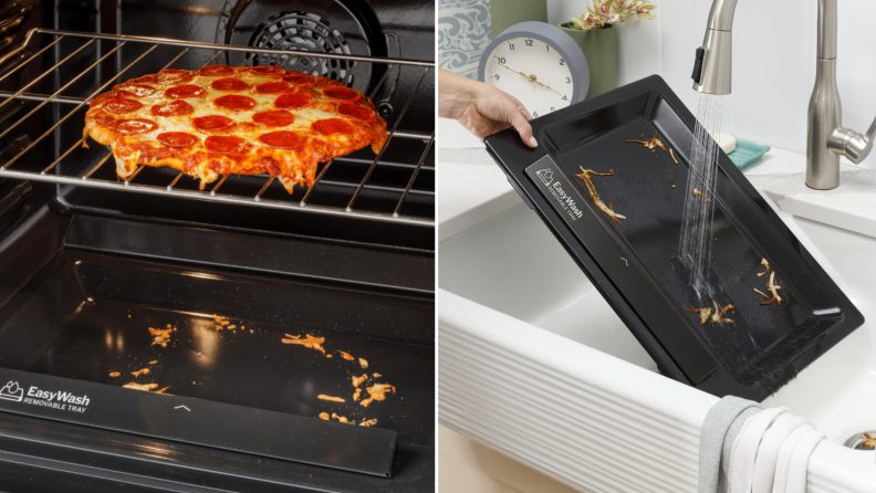 Split image of a pizza with cheese melting on the middle rack of the GE 30-inch Slide-in Electric Convection Range with No Preheat Air Fry and EasyWash Oven Tray and a hand washing the oven tray in a white sink.