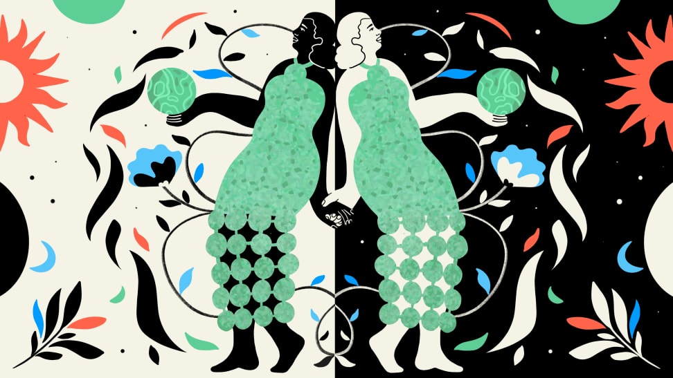 Illustration of two people standing back to back and holding hands.