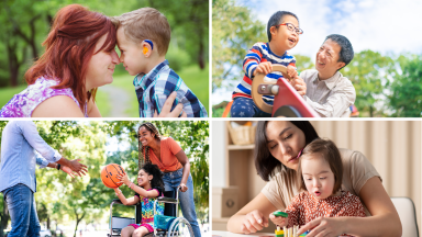 A collage showing adults interacting with special needs children.
