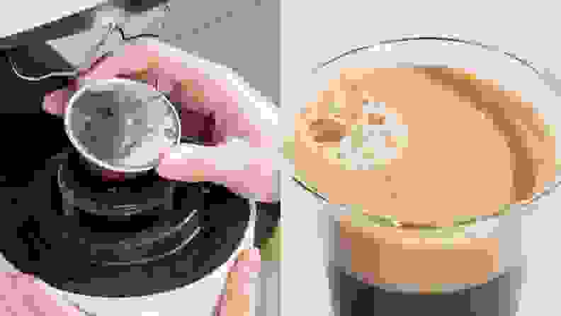 Left: hand inserting Nespresso Vertuo pod into machine. Right: frothy cup of Nespresso coffee