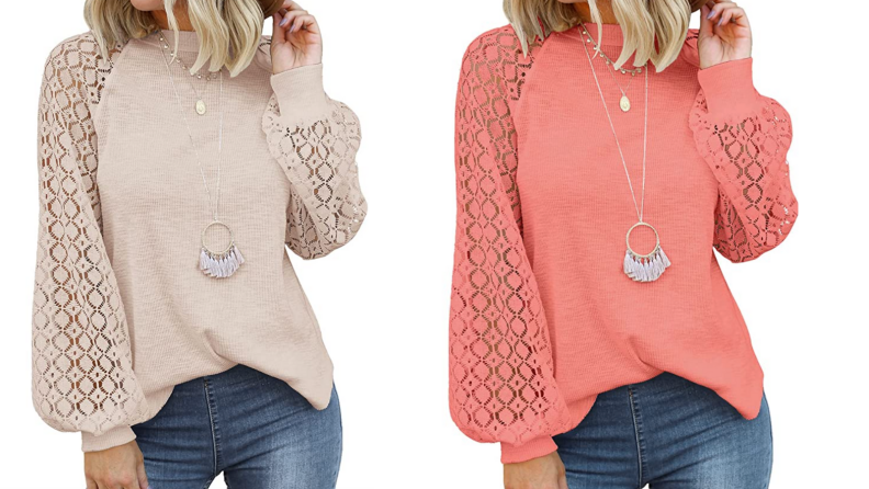 Woman wearing a long-sleeved top in taupe next to the same top in peach
