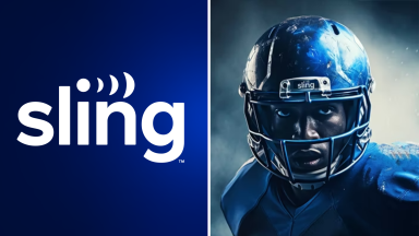 A collage with the Sling TV logo and a football player with a Sling helmet.