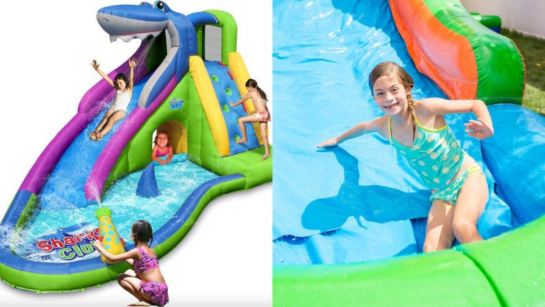 On left, children playing on Action Air Inflatable Water Playground. On right, young girl smiling while playing on inflatable water slide.