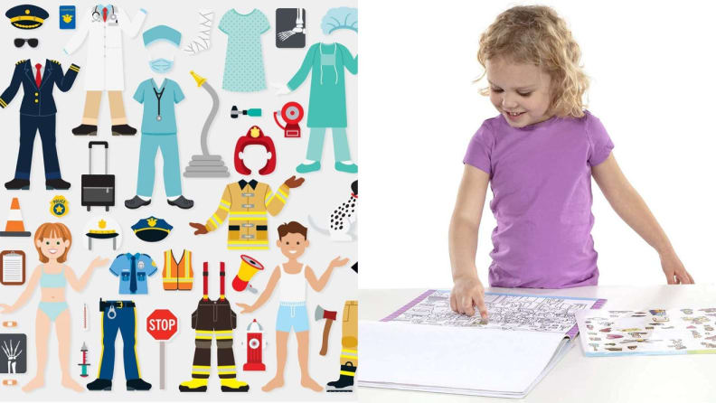 On left, children's stickers with different professions. On right, young child pasting stickers into book.