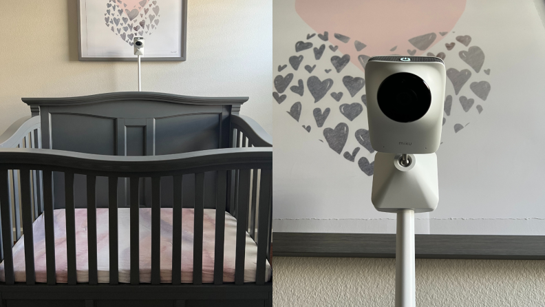 Miku Pro Baby Monitor on stand perched facing downward towards baby crib.