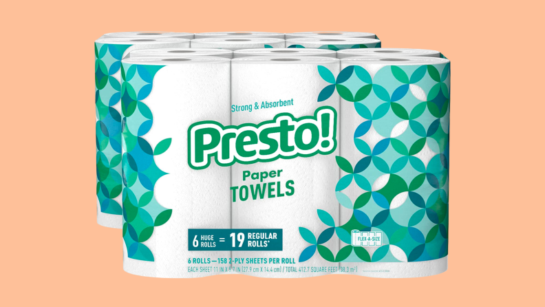 Presto paper towels against a peach background