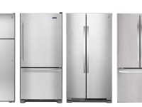 A line-up of four fridge types. From left to right, they are a top freezer, bottom freezer, side-by-side, and French door