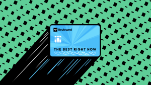 An illustration of a blue Reviewed-branded credit card that reads The Best Right Now