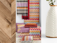 1) Close up of a wood floor in a chevron pattern. 2) Colorful throw rugs in design display. 3) Close up of a chevron-carved vase.
