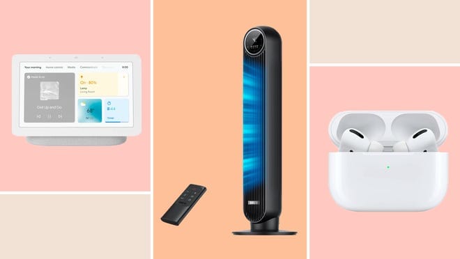 electric fan/ white air pods, white google nest hub