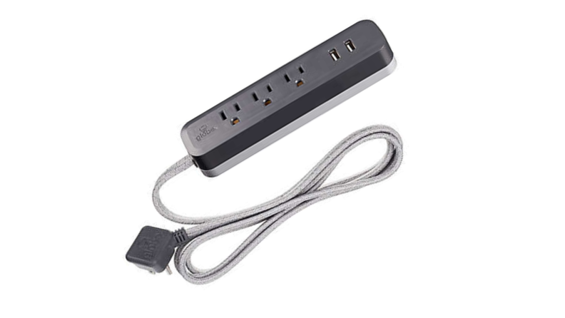 gray and black powerstrip on a white background