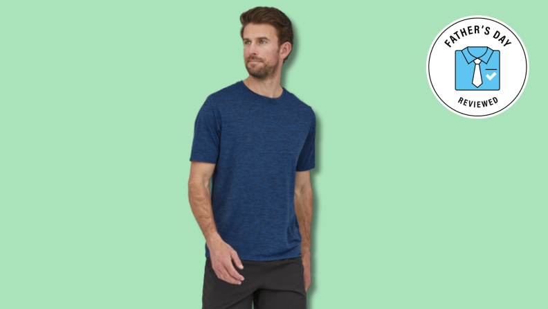 Man in blue Patagonia t-shirt