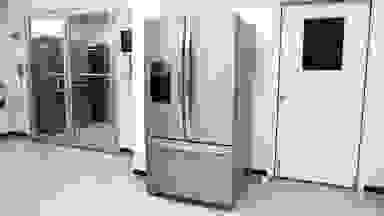 A wide shot of the Whirlpool WRF767SDHZ French-door refrigerator sitting outside our fridge testing labs.
