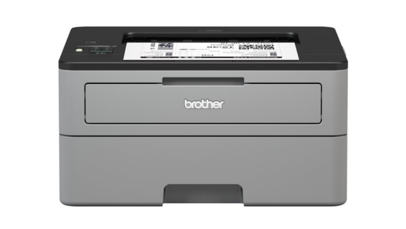 An image of a gray Brother printer seen from the front.