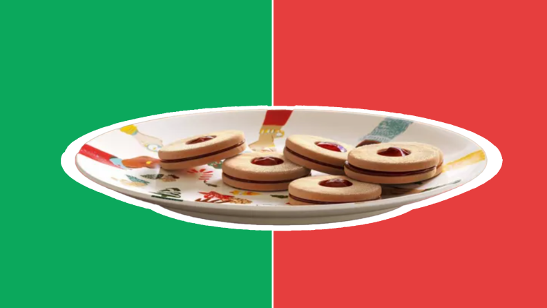 Five cookies on top of holiday-themed plate in front of red and green collage.