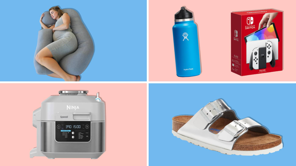 A pregnancy pillow, Hydro Flask, Nintendo Switch OLED, Ninja Speedi, and Birkenstock slippers on a blue and pink background.